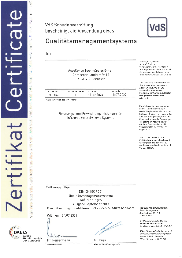 Zertifikat zur Anwendung der ISO90012015 für ein hohes Qualitätsmanagement.